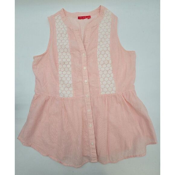 Sleeveless Pink Blouse With Lace & Button-Down Front By Elle Size M - Picture 1 of 7